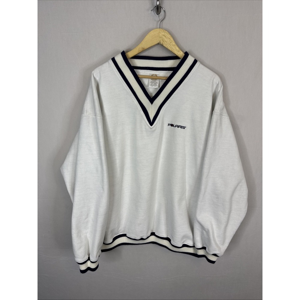 Polaris V-Neck Sweatshirt White Striped Collar‎ Pullover Snowmobile Men's XL USA